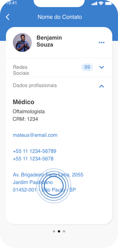 Com um toque no endereço de seu contato você pode acessar aplicativos de navegação e mobilidade para ir até ele.